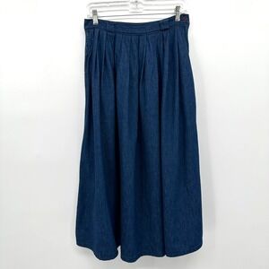 Vintage 90s Thalhimers Denim Midi Skirt Size 12 Pleated Pockets Prairie Boho USA